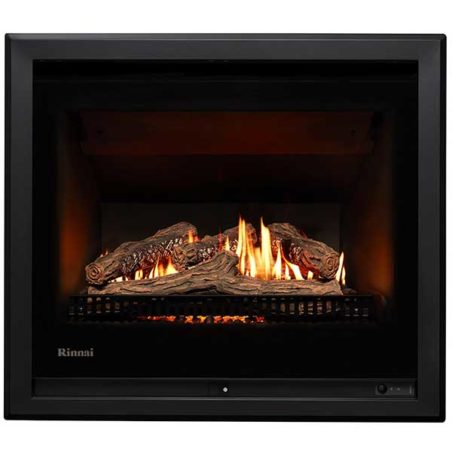 Rinnai 750 Gas Logs Fireplace with Black Surround Fascia