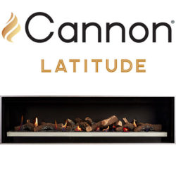 Cannon Latitude 1500 Powerflue Natural Gas Fireplace with silver fascia,burning Logs and the Cannon Logo